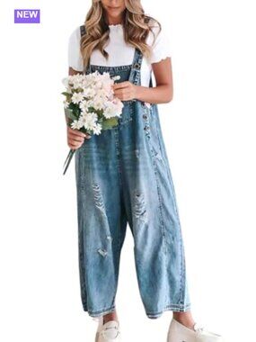 Women's Loose Wide Leg Denim Bib Overalls Distressed Cotton Blend